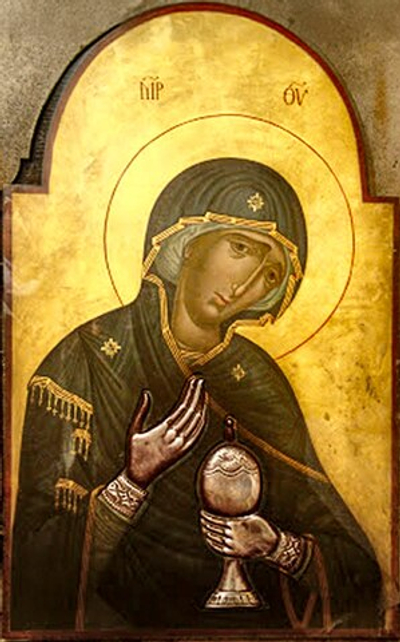 Икона Божией Матери из святой Кувуклии Храма Гроба Господня в Иерусалиме деревянная на левкасе