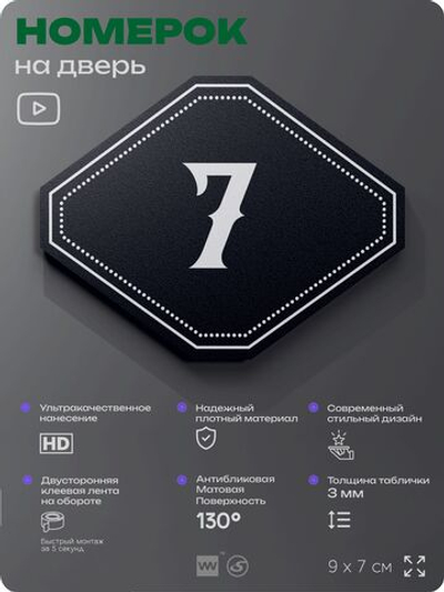 Номерок на дверь квартиры 7, для кабинета, офиса, шильдик 9 х 7 см, черный, Айдентика Технолоджи