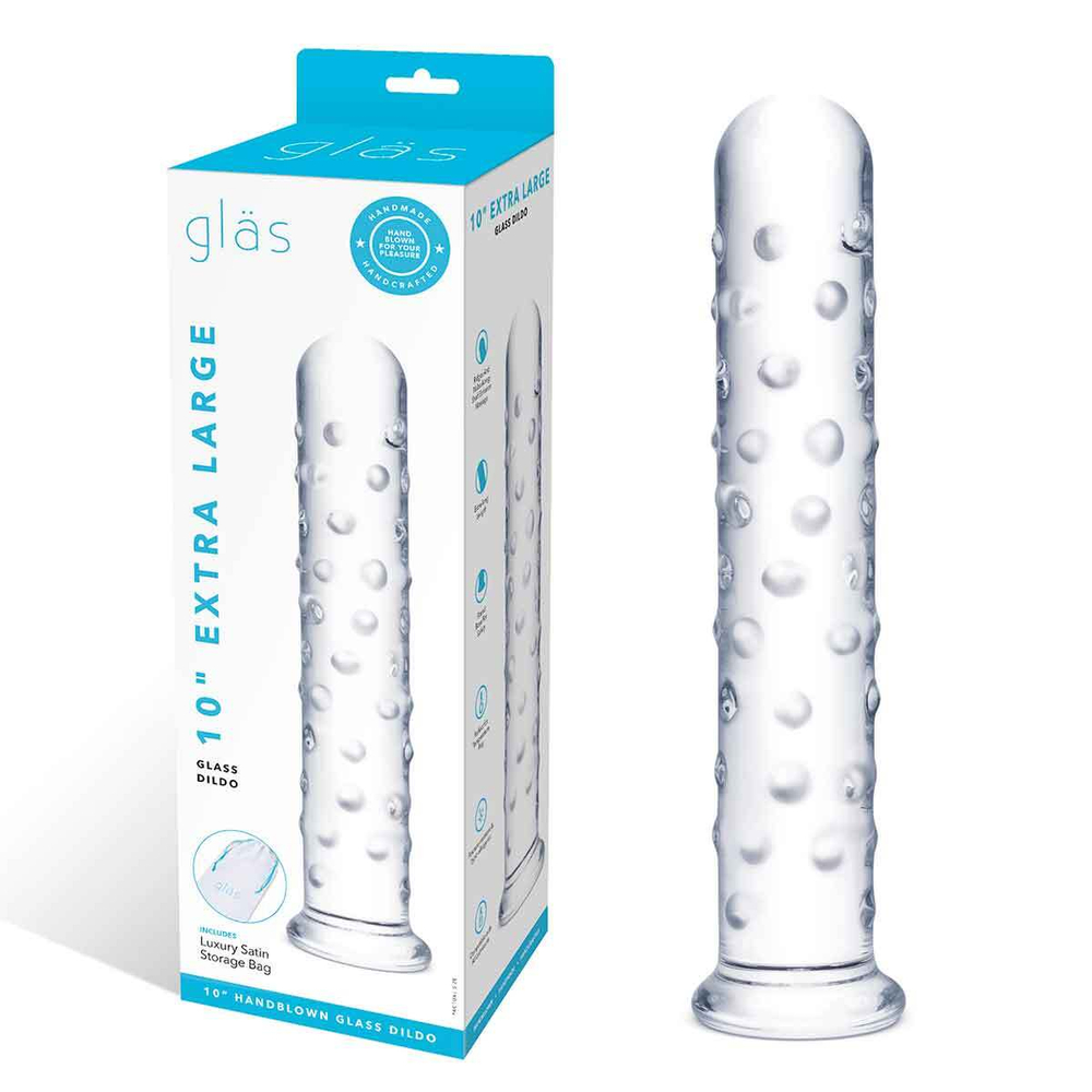 Прямой стеклянный фаллос с массажным рельефом 10" EXTRA LARGE GLASS DILDO