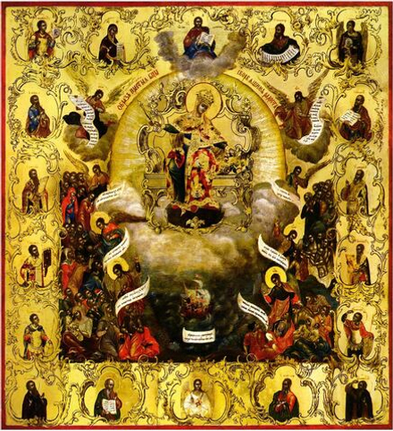 Всех скорбящих Радость икона Божией Матери со святыми деревянная на левкасе
