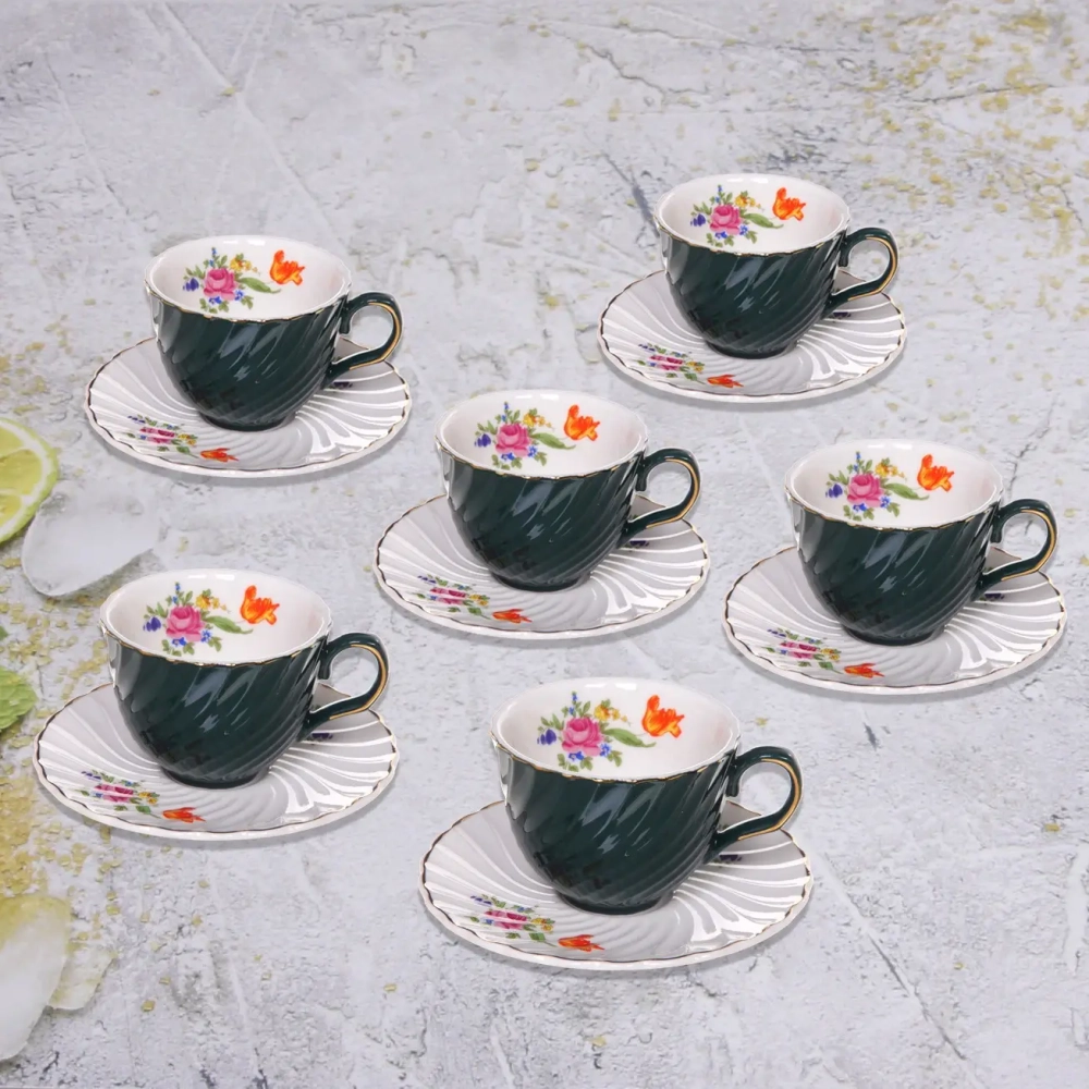 Кофейный набор 12 предметов «Цветочная фантазия» (6кружек 90мл+6блюдец), морская волна