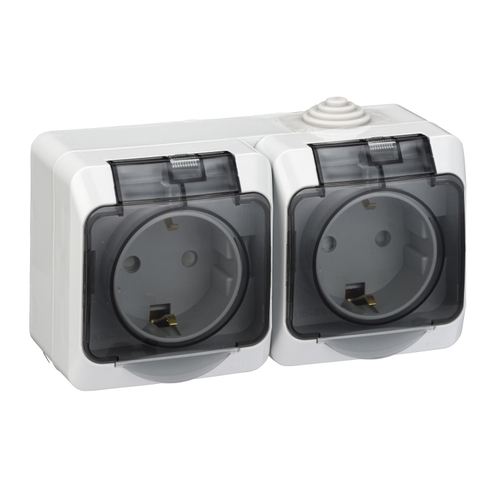 Schneider Electric ЭТЮД Серый Розетка 2-местная с зазем. контактами со шторками с крышкой IP44 откр.установка (код.133895)