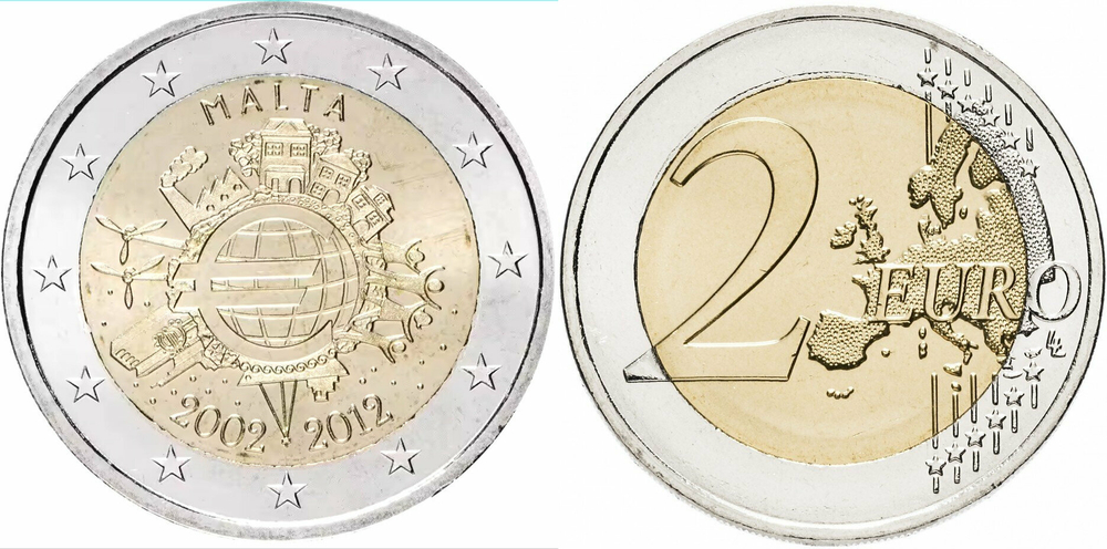 Мальта 2 евро 2012 10 лет евро наличными UNC