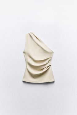 ZARA ТОП АСИММЕТРИЧНОГО КРОЯ В РУБЧИК, БЕЖЕВЫЙ