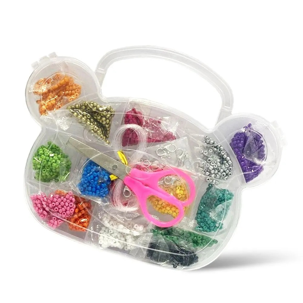 Набор бисера для плетения, бусина размер 11/0, NB-Nabil, 15 цветов, с подвеской, ножницами и леской. Прозрачный кейс в виде мордочки мишки