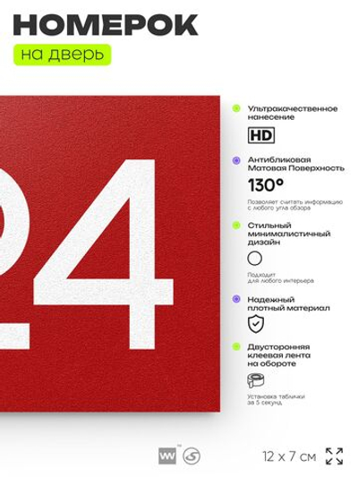 Номер на дверь 924, табличка на дверь для офиса, квартиры, кабинета, аудитории, склада, красная 120х70 мм, Айдентика Технолоджи