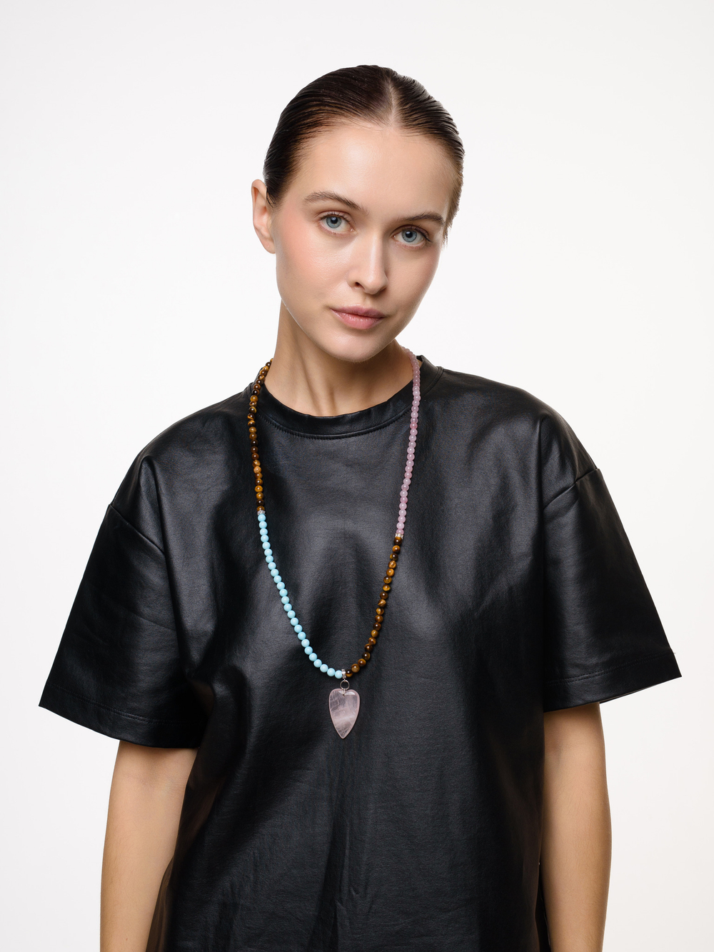 Колье "Stone Heart" из тигрового глаза, розового кварца и турквенита