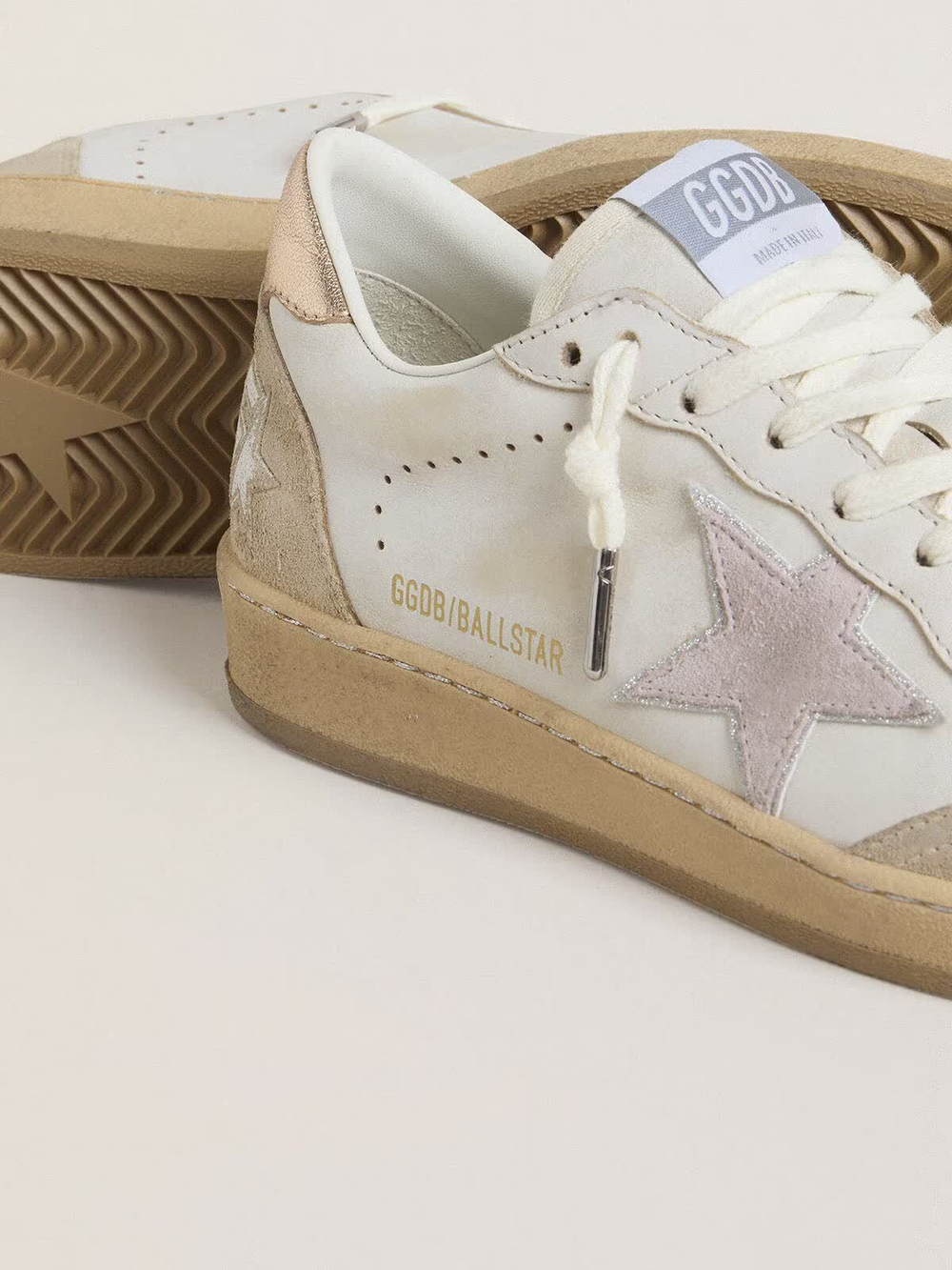 Ball Star with pink suede star and silver glitter edges and rose gold heel tab