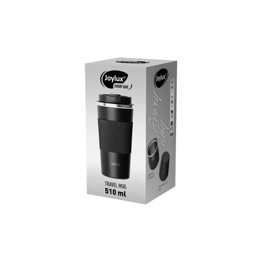 Термокружка 510 мл JOYLUX (ДЖОЙЛЮКС) EVERY DAY, нержавеющая сталь SUS304, силиконовый рукав, черный матовый, 700292