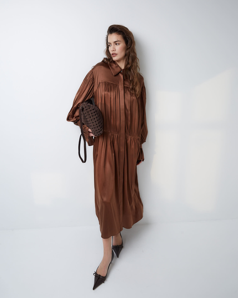Платье-рубашка макси из шелка Берберри шоколадный