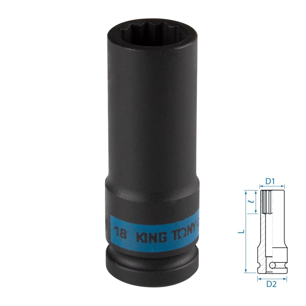 KING TONY (443018M) Головка торцевая ударная глубокая двенадцатигранная 1/2", 18 мм