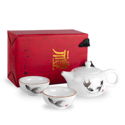 268046.2 Сервиз МАТОВЫЙ ФАРФОР  "Хоровод рыбок" чайник и 2 пиалы, h=7,7см, l=14,1см, 200мл,  белый