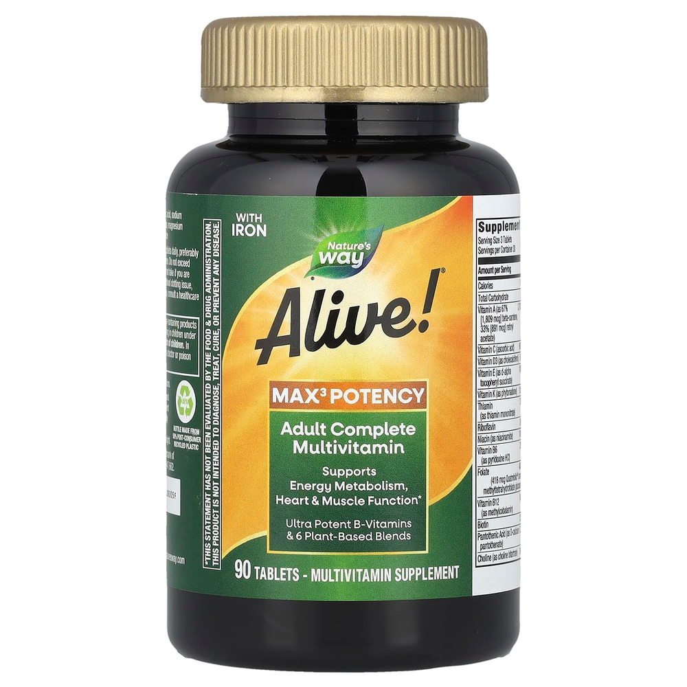 Nature's Way, Alive! ® Max3 Potency, полный мультивитаминный комплекс для взрослых, с железом, 90 таблеток
