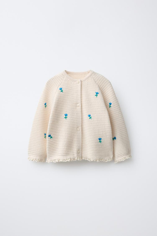 ZARA КАРДИГАН С ВЫШИВКОЙ В ВИДЕ ЦВЕТОВ И КРУЖЕВОМ, ЭКРЮ