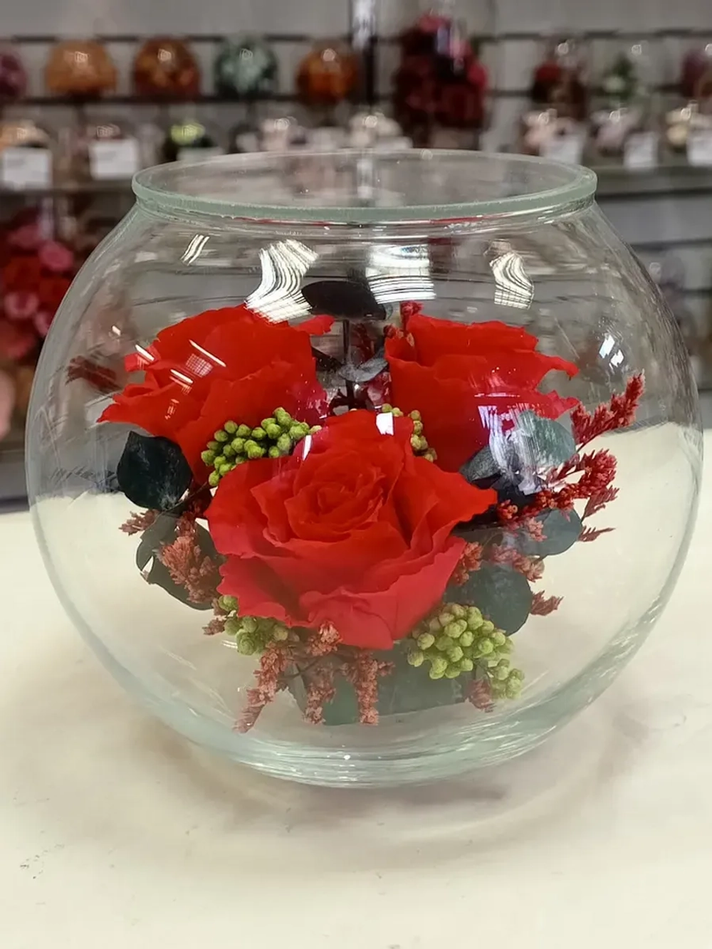 натуральные кустовые розы в стекле, вакуум