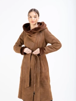 Дубленка женская натуральная длинная с капюшоном Турция