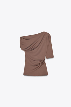 ZARA ТОП АСИММЕТРИЧНОГО КРОЯ ИЗ ПОЛИАМИДА, СЕРО-КОРИЧНЕВЫЙ