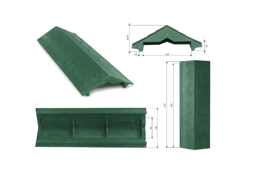 Полимер-песчаный парапет на пролёт забора в 0,5 кирпича, 500 × 130 × 15, «Гибкая черепица» (зеленый)