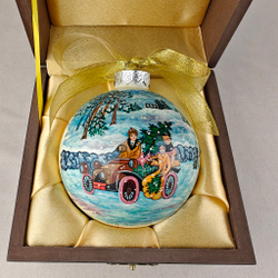 Коллекционный шар новогодний с круговой росписью Палех "Новый год"-3 в футляре
