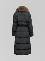 Пуховик 8820 однотонный удлиненный с мехом накладными карманами и поясом