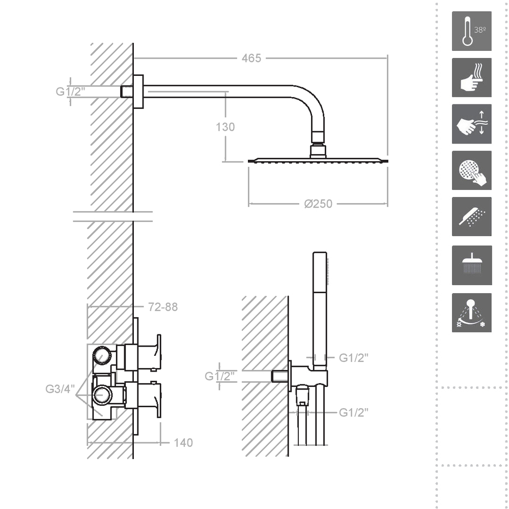 Встраиваемый термостатический смеситель для душа с тропическим и ручным душем ALEXIA K3687011