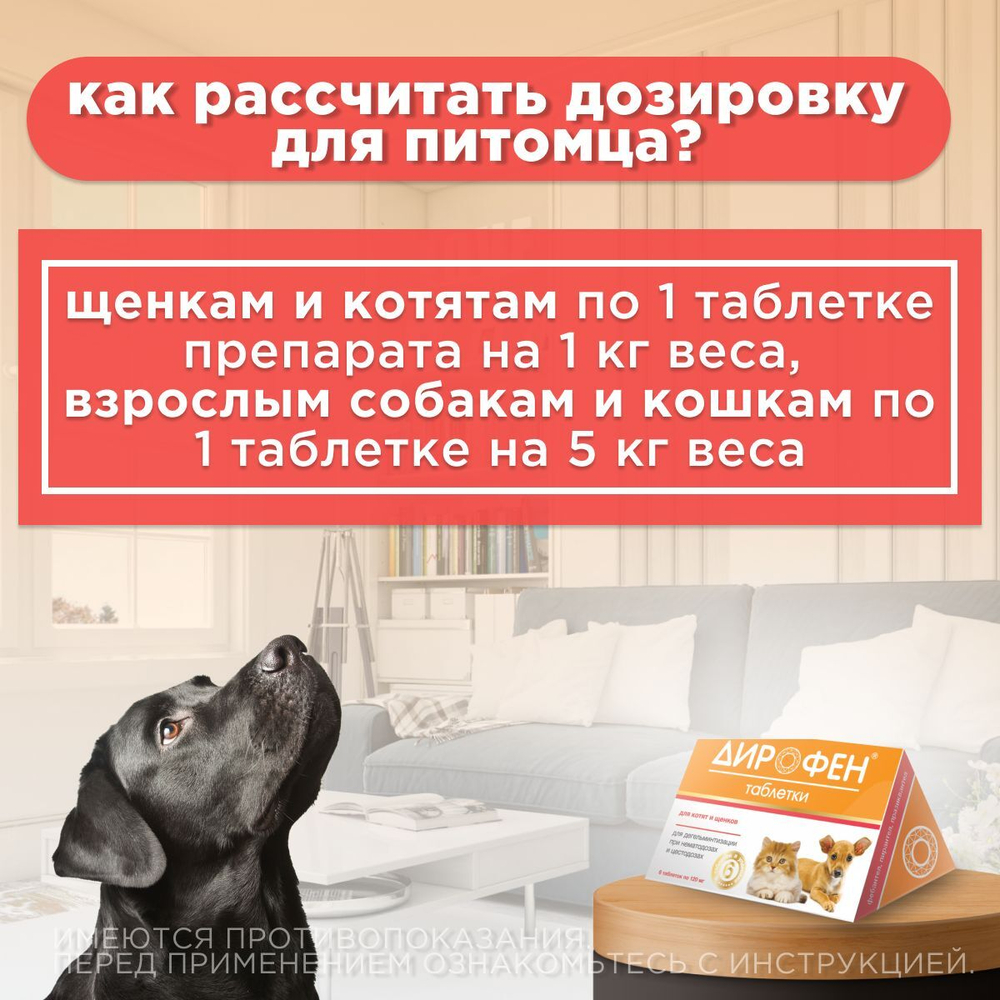 Таблетки от гельминтов Дирофен для котят и щенков 6табл по 120мг