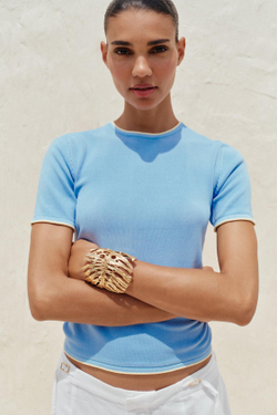 ZARA ТРИКОТАЖНЫЙ ТОП С ОКАНТОВКОЙ, ГОЛУБОЙ