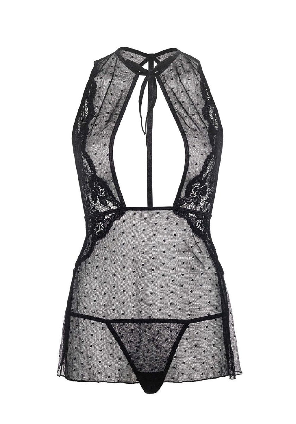 Оригинальная сорочка в горошек с кружевной отделкой (Размер: M-L) (Цвет: черный)