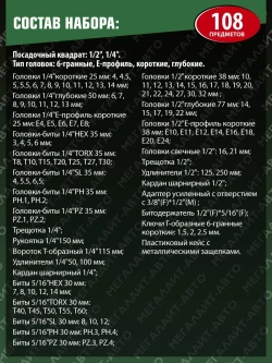 Набор торцевых головок и вставок RF-41082-5: 1/2" & 1/4"DR 6-гранных 108пр. ROCKFORCE