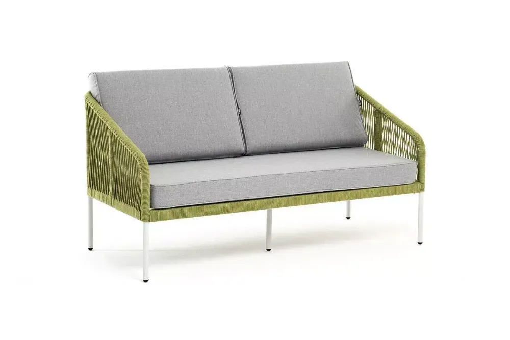 "Канны" диван 2-местный плетеный из роупа, каркас алюминий светло-серый (RAL7035) муар, роуп салатовый меланж круглый, ткань светло-серая