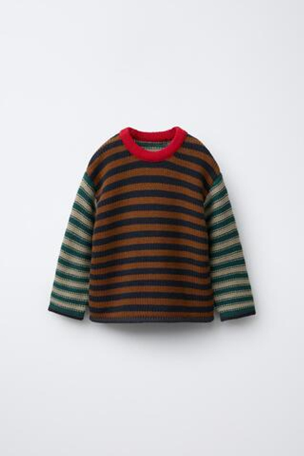 ZARA ТРИКОТАЖНЫЙ ДЖЕМПЕР В ПОЛОСКУ, КОРИЧНЕВО-СИНИЙ