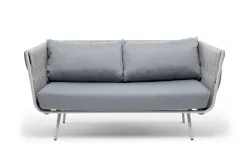 "Монако" диван 2-местный плетеный из роупа, каркас алюминий светло-серый (RAL7035) шагрень, роуп светло-серый 40 мм, ткань светло-серая