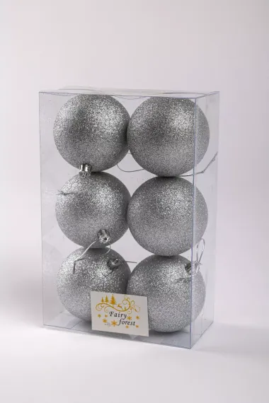 Набор пластиковых шаров Анет 80 мм., серебро глиттер, 6 шт., ЕлкиТорг (150343)