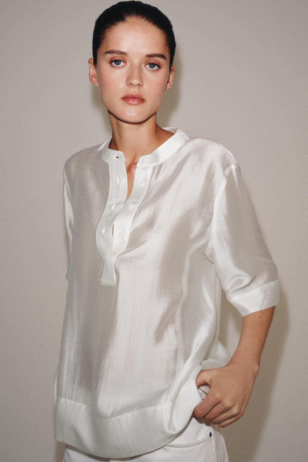 ZARA СВОБОДНАЯ БЛУЗА С КОРОТКИМ РУКАВОМ — ZW COLLECTION, БЕЛЫЙ