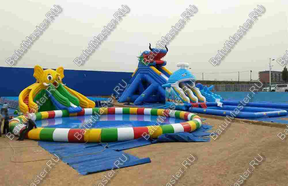 Надувной наземный аквапарк «Морской слон» 19*14*5 м, размер бассейна 14*14*0.8 м