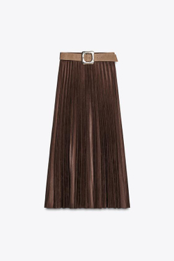 ZARA ПЛИССИРОВАННАЯ ЮБКА-МИДИ ПОД ЗАМШУ С ПОЯСОМ, КОРИЧНЕВЫЙ