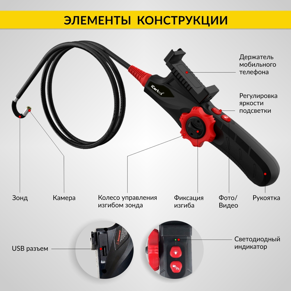 Видеоэндоскоп управляемый, экран 5", 2Мп, 1920x1080, 1м, 6мм, 360° iCartool IC-V200C