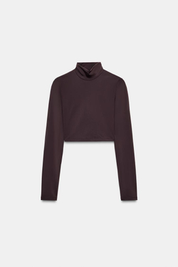 ZARA УКОРОЧЕННАЯ ФУТБОЛКА ИЗ ПОЛИАМИДА, КОРИЧНЕВЫЙ