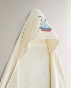 ZARA HOME ДЕТСКОЕ ПОЛОТЕНЦЕ С КАПЮШОНОМ И ВЫШИВКОЙ «КОСМОС», ЖЕЛТОВАТО-БЕЛЫЙ