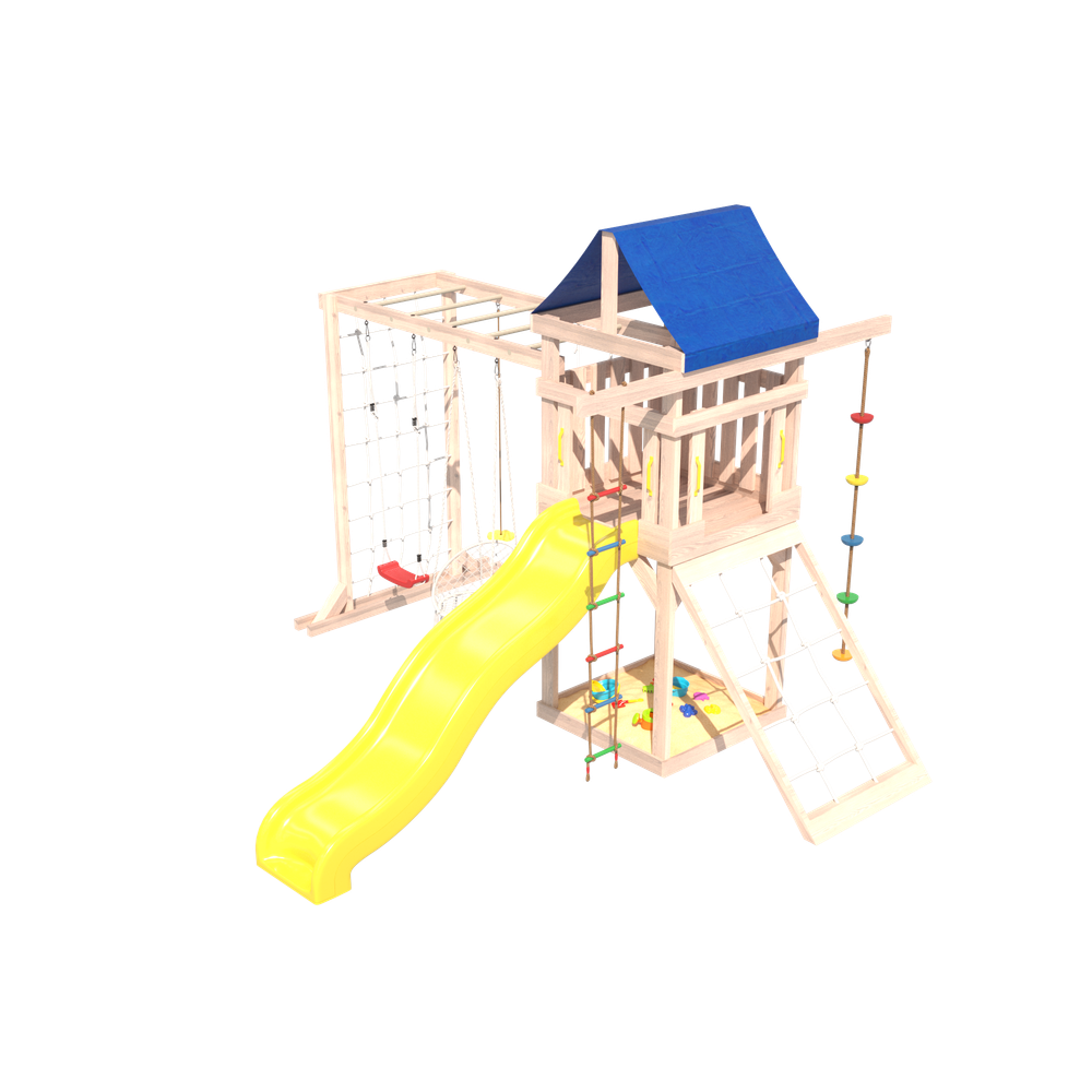 Детская площадка Fun Land неокрашенная с модулем сетка-рукоход, мини сеткой, подвесным креслом и качелями