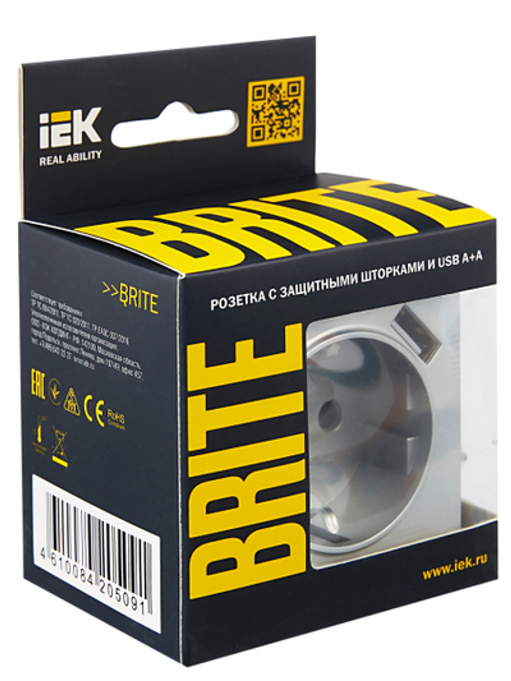 BRITE Розетка 1-местная с заземлением с защитными шторками 16А с USB A+A 5В 2,1А РЮш10-1-БрА алюминий IEK