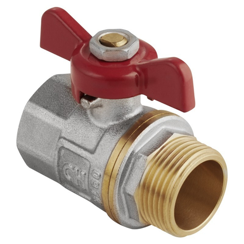 Кран латунный шаровой MVI AquaHit BV.314.06, DN 25, PN 25 бабочка, муфта-штуцер, полнопроходной, никелированный