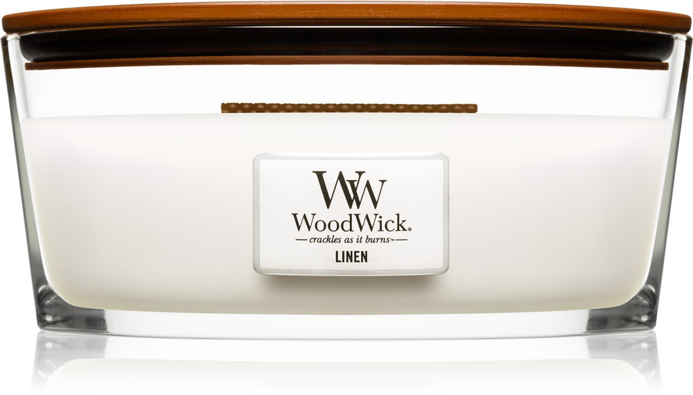 Woodwick Linen - ароматическая свеча с деревянным фитилем (хартвик) /   453.6  g  / GTIN 5038581056920