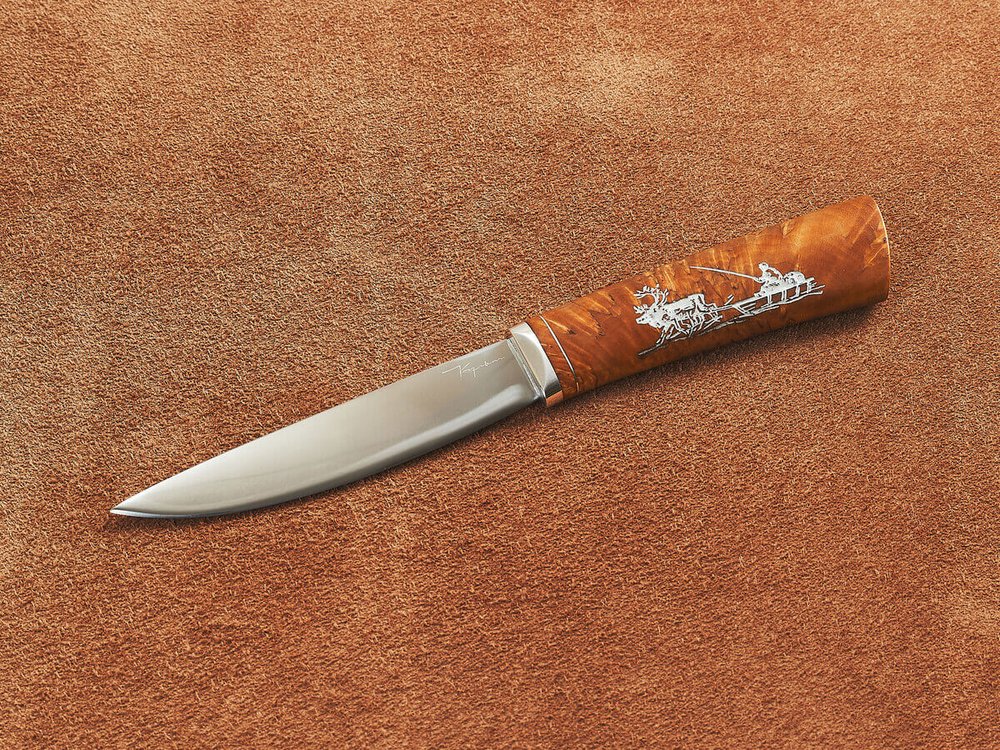 Якутский нож "Амга", сталь Х12МФ, рукоять янтарная стабилизированная карельская береза / рисунок