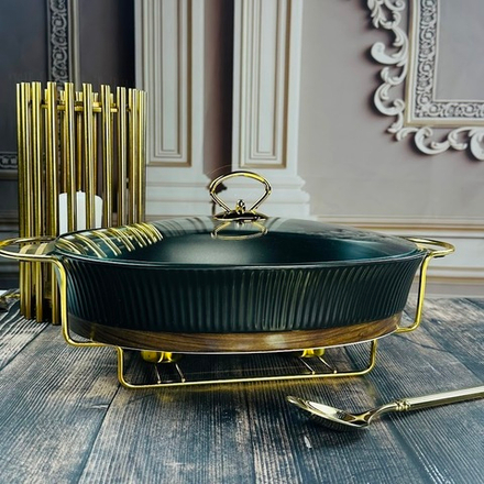 Lenardi 133-399 Овальный сервировочный мармит 38см(2,6л) с крышкой WOOD на подставке в под.уп.(х4)Фарфор