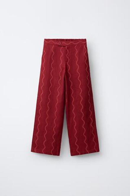 ZARA БРЮКИ WIDE LEG С ВОЛНИСТЫМ УЗОРОМ И ЛЬНОМ, НАСЫЩЕННЫЙ КРАСНЫЙ