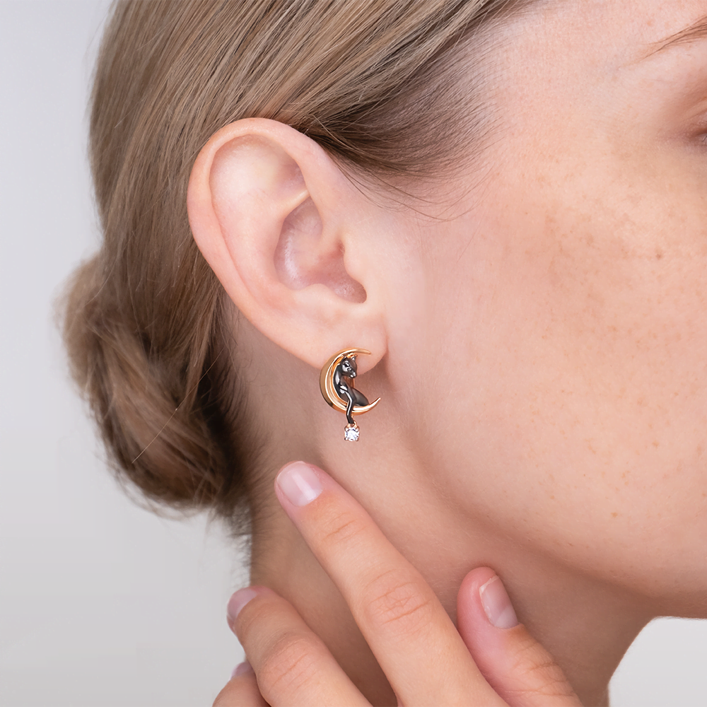 Серьги «Лунные кошки» с английским замком из красного золота с фианитом