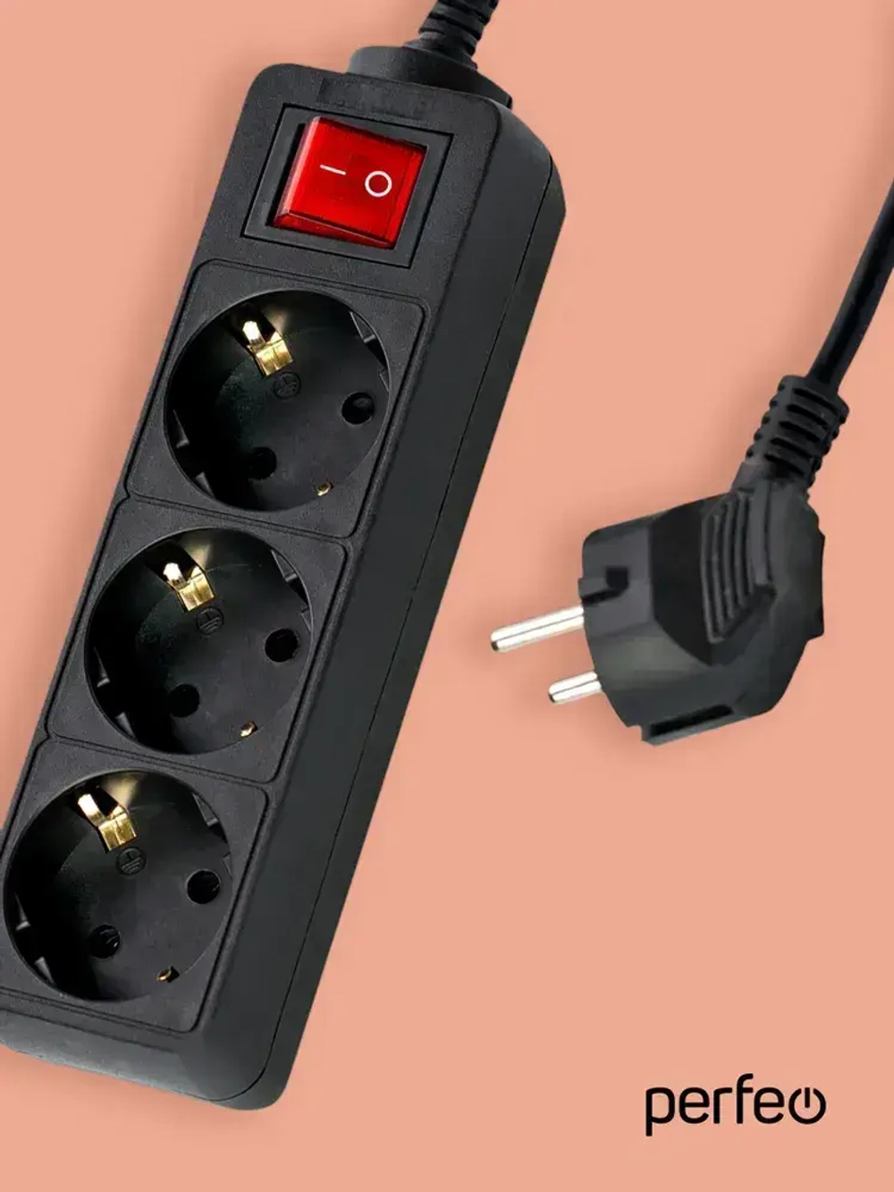 Сетевой удлинитель Perfeo с кнопкой POWERMATE PF-PM-3/3,0-B, 3,0м, 3 розетки, черный