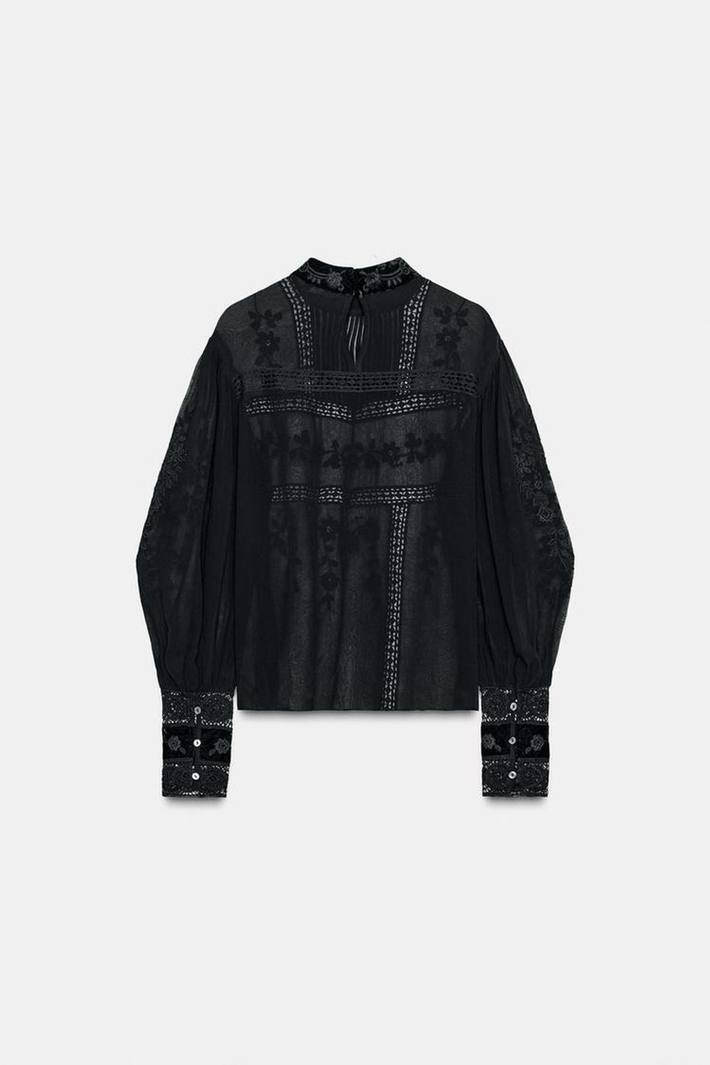 ZARA БЛУЗА С КРУЖЕВОМ ИЗ БАРХАТА — ZW COLLECTION, ЧЕРНЫЙ