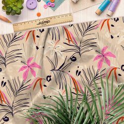 Ткань поплин контурные листья с розовыми